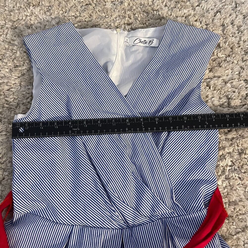 Chetta B Nautical Pinstripe Fit & Flare Dress Red Sash Size 6 - Picture 6 of 10
